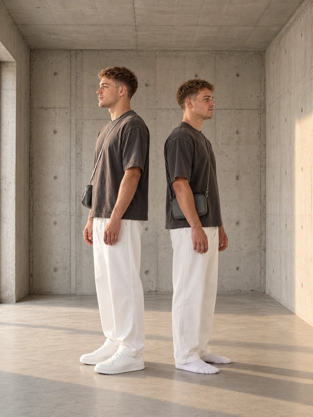 A man standing back to back with himself: in white sneakers on the left, in white socks on the right.