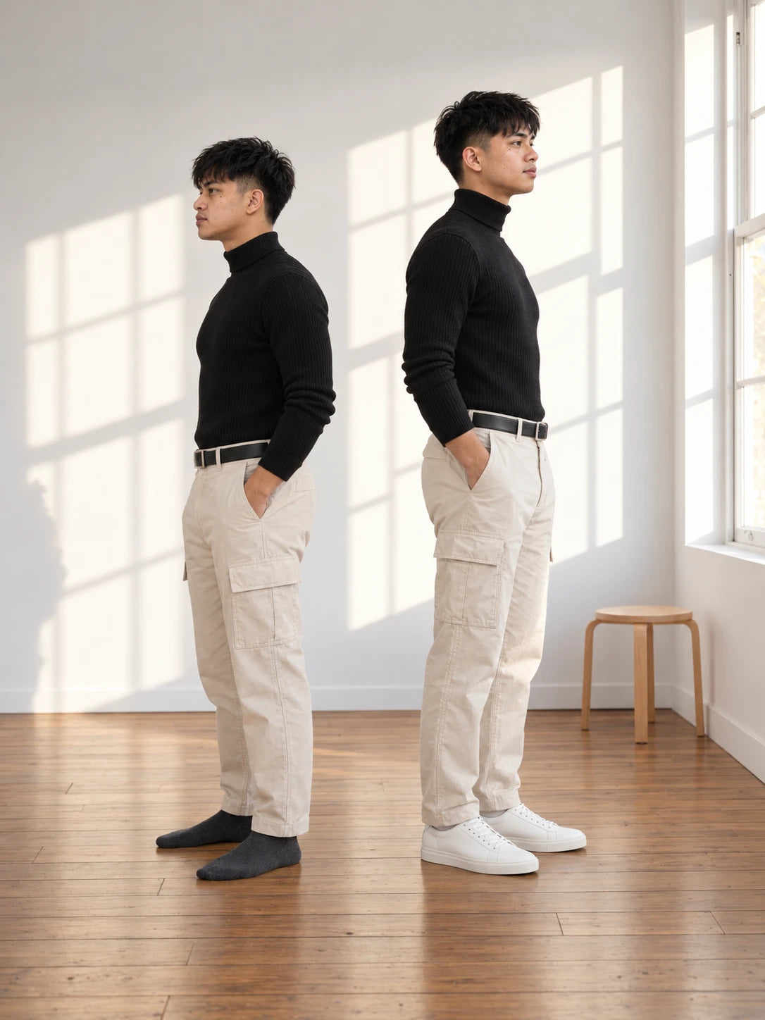 A man standing back to back with himself: in grey socks on the left, in white sneakers on the right.