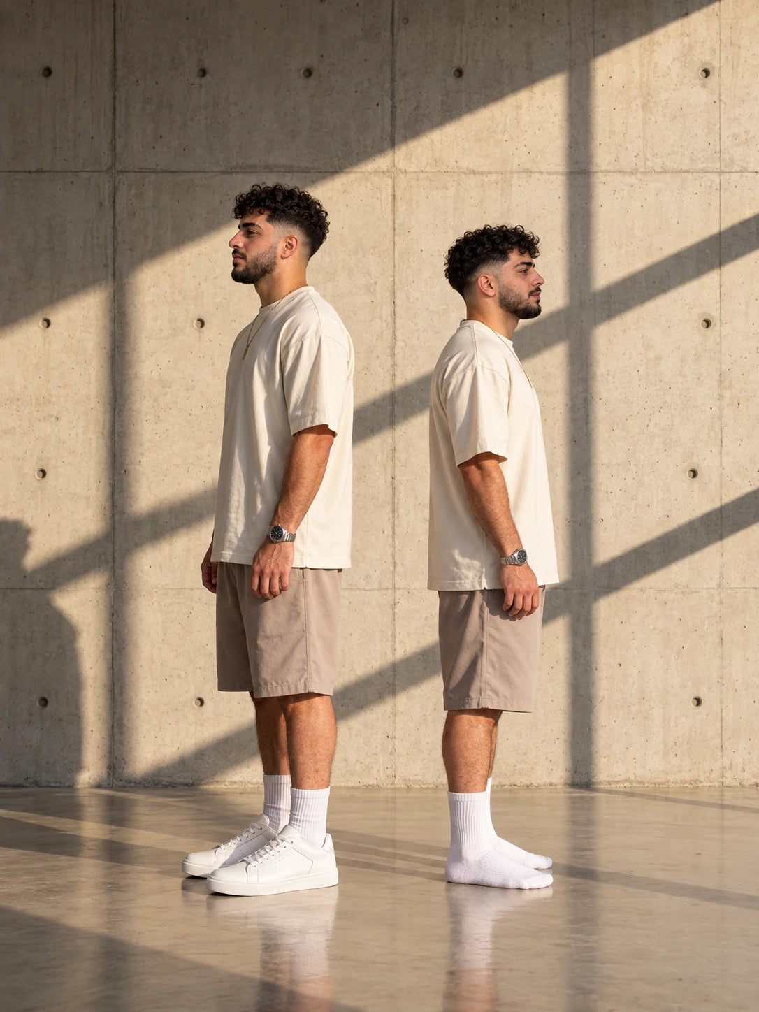 A man standing back to back with himself: in white sneakers on the left, in white socks on the right.