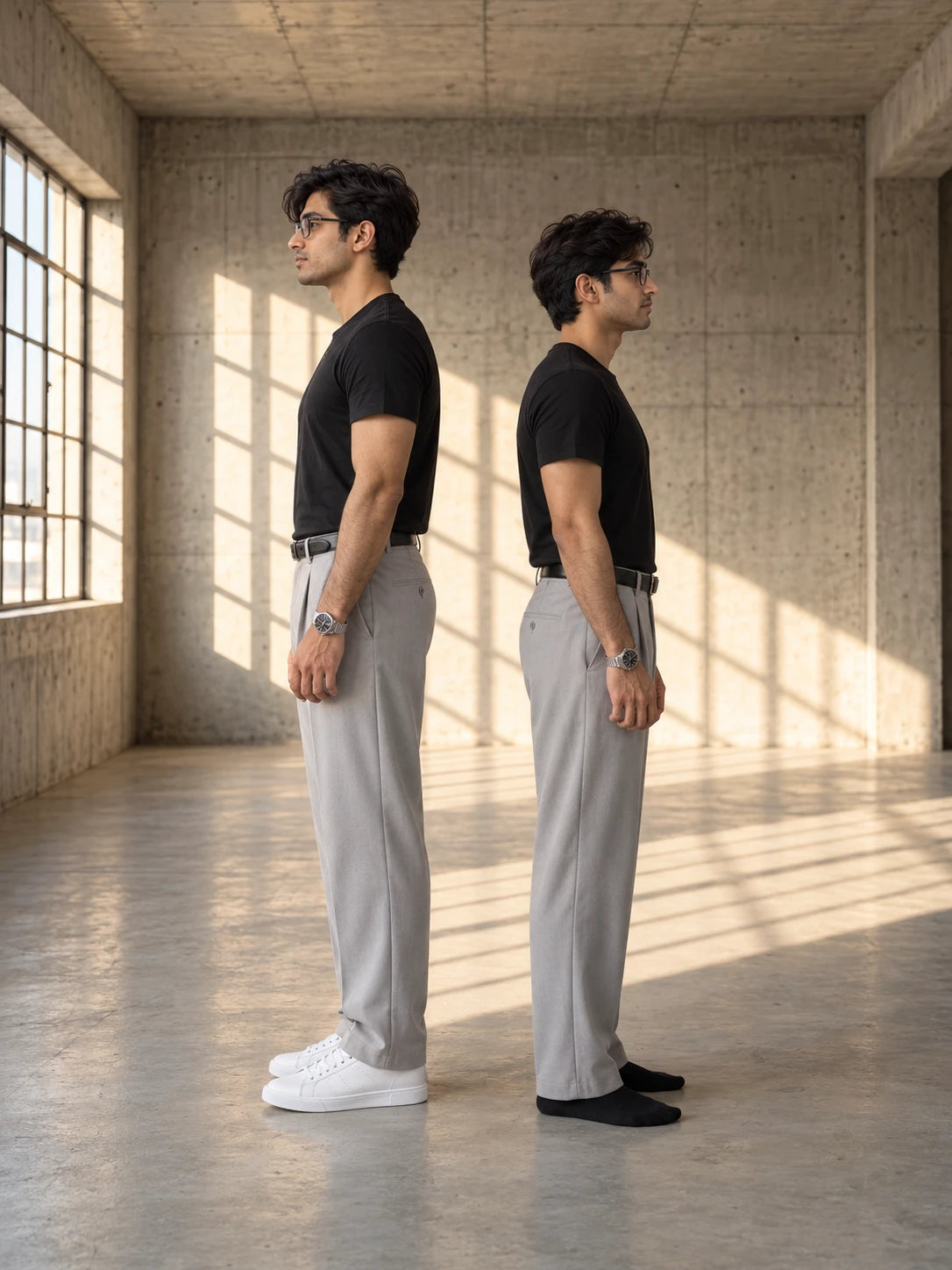 A man standing back to back with himself: in white sneakers on the left, in black socks on the right.