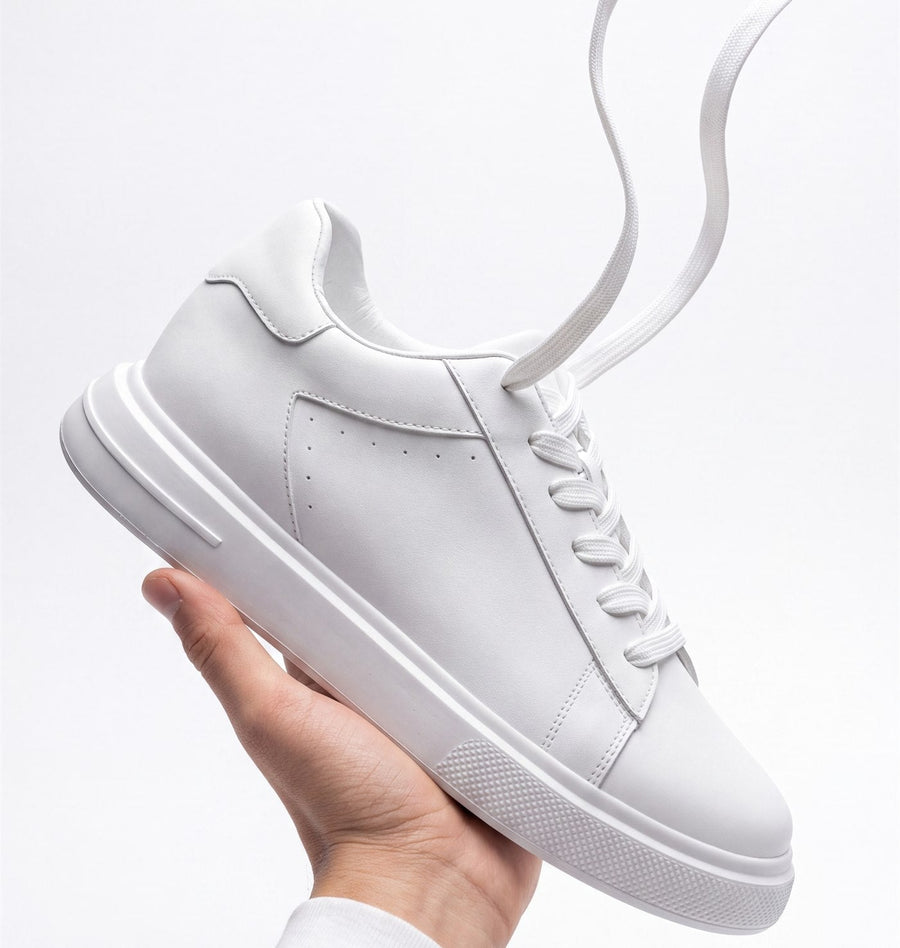 The Apex white leather sneaker, held up in an open hand against a pale grey background